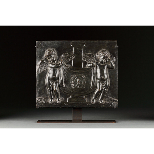 Italian Roman Rectangular Bronze Devotional Plaque Depicting Weeping Cherubim Displaying St Veronica’s Veil
